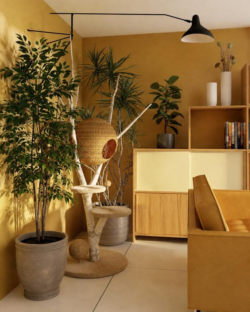 Coin du salon végétalisé par plusieurs grandes plantes intégrant un arbre à chat naturel devant un mur ocre.