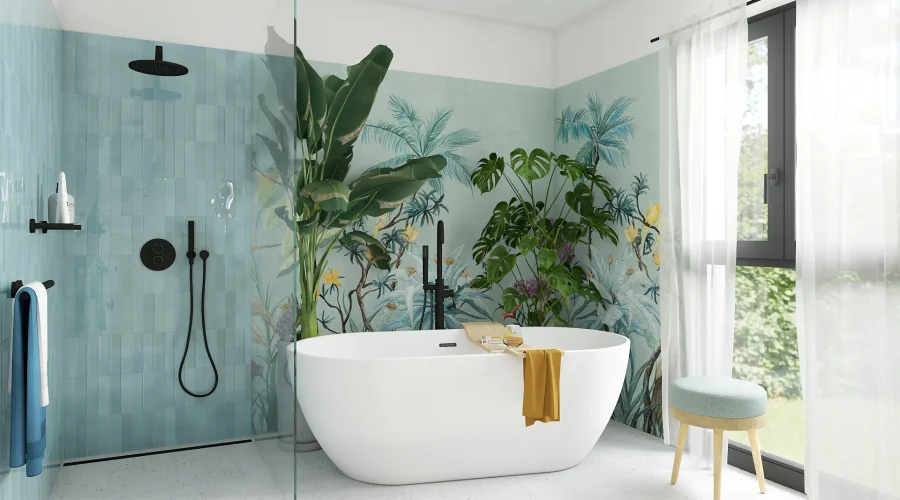 Salle de bain naturelle en bois, zellige bleu et tapisserie hydrofuge