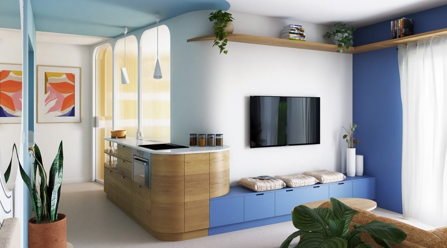 Vue 3D de la pièce de vie avec cuisine ouverte en bois, verrière en verre flûté et meuble TV bleu foncé sur mesure.