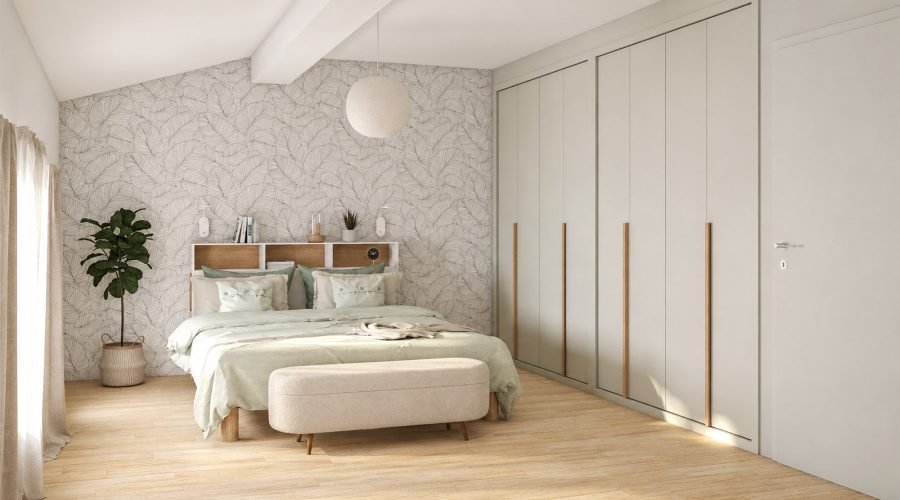 Vue 3D de la chambre parentale avec papier peint végétal feuille de bananier noir et blanc, tête de lit en chêne et grands placards vert sauge.