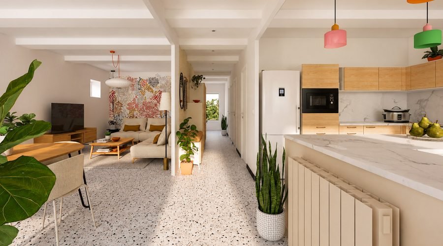 Vue 3D de la rénovation intérieure avec salon, salle à manger et cuisine ouverte